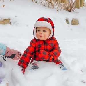 BABY GAP Cold Control Ultra Max Down Snowsuit Red Black Checkered 12-18 Months